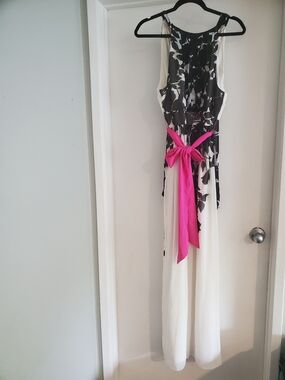 Eliza J Black & White Floral Maxi Dress with Bright Pink Sash NWT Sz 14